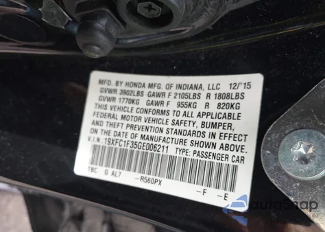 2016 Honda Civic Ex-T from USA, damaged, VIN 19XFC1F35GE006211